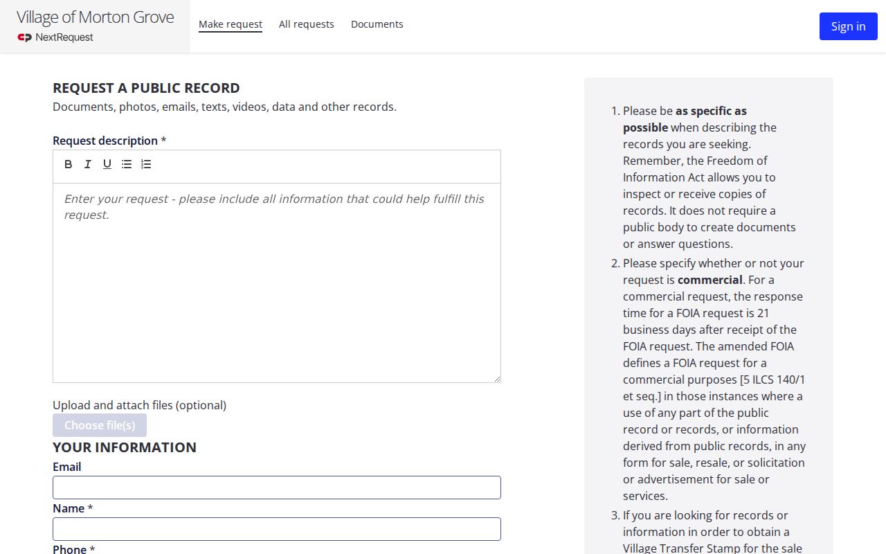 Morton Grove online Freedom of Information Act request form