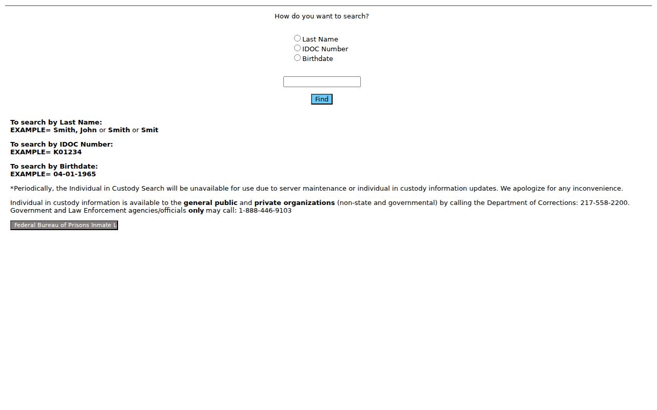 Illinois Department of Corrections inmate search fields